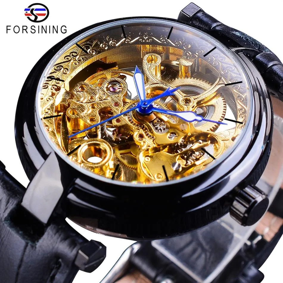 Покачивание ретро черное золотое скелет часов синие светящиеся руки подлинные кожаные мужские механические часы прозрачные щиты220V