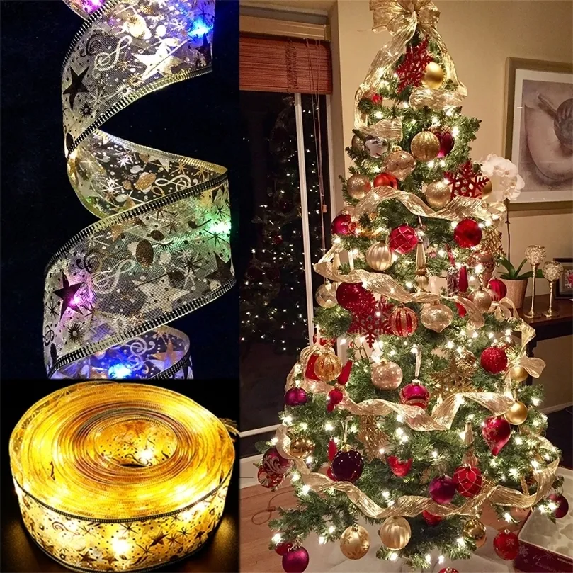 Décorations de Noël Décoration LED Ruban Lumières Arbre Ornements DIY Dentelle Arcs Chaîne Navidad Décors À La Maison Année 220901