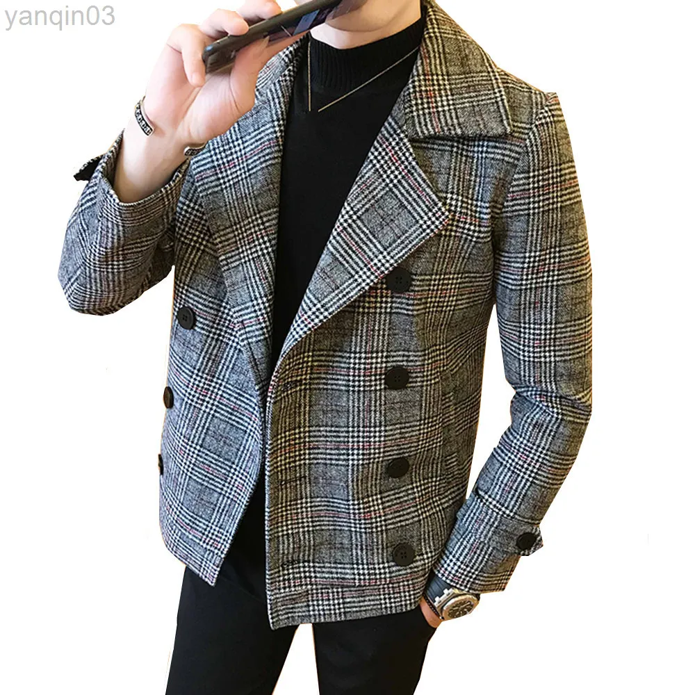 Men's Suits Blazers 2022 Autumn Winter Men Short Wool Jacket Double Breasted Design Casual Windbreaker Fashion Retro Tartan 5XL L220902