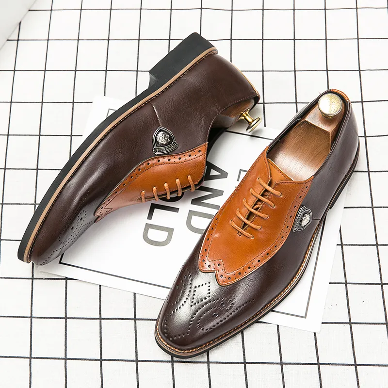 Oxford Shoes Men Shoes Elegant Square Head Brogue Carved PU Stitching Lace Fashion Business Casual Wedding Daily AD120