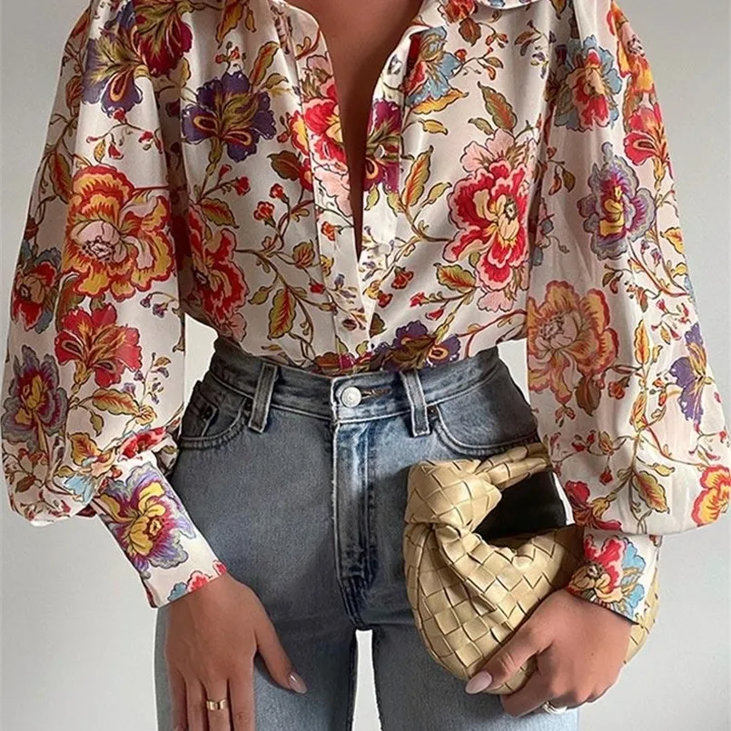 Blouses -shirts voor dames print Long Puff Sleeve Shirt Elegant Vneck Floral Office Vrouwen Spring Summer Fashion Ladies Tops 220902