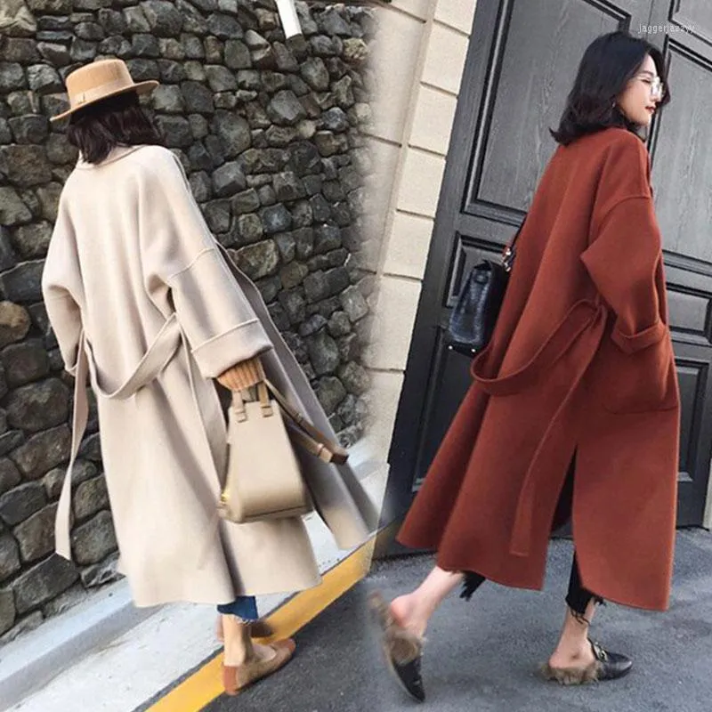 Женская шерсть 2022 Осеннее зимнее шерстяное пальто для женщин с длинными рукавами открытая передняя парка с ремнем свободной повседневной одежды R251