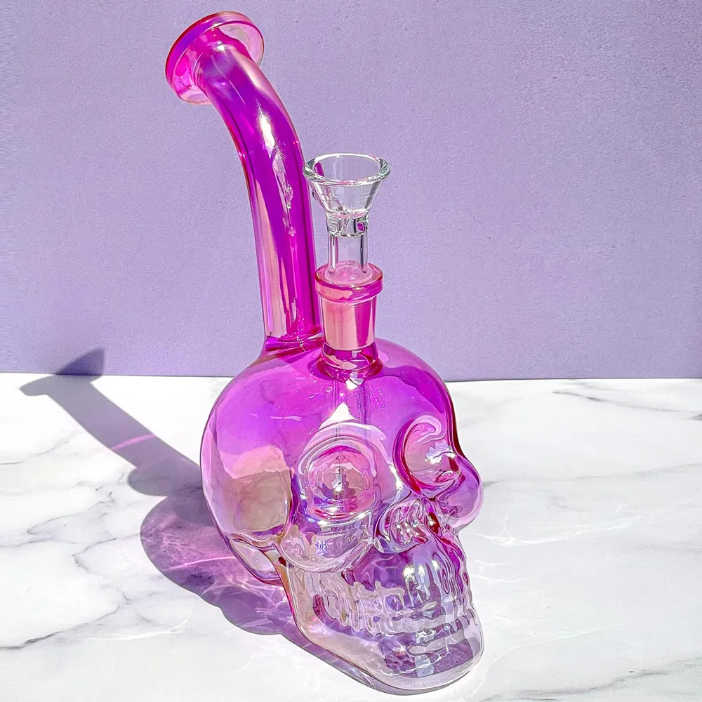 Pink Iridescent Skull Hookah Bubblers Oil Dab Rigs Heady Colorful Glass Recycler Bongs Tobacco Pipes Filter Perc Smoking Wax Water Pipe Accessories Random Color