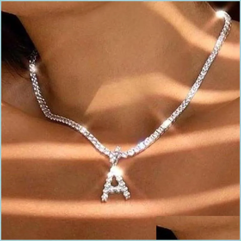 Pendant Necklaces Caraquet Ice Out A-Z Letter Initial Pendant Necklace Sier Color Tennis Chain Choker Female Fashion Stateme Yydhhome Dhri8