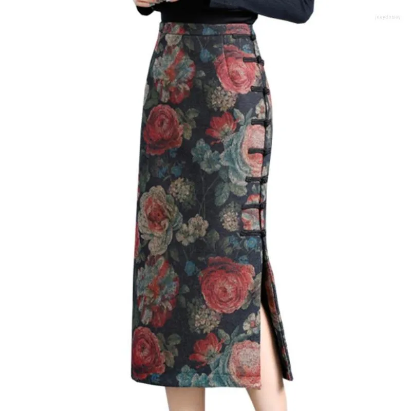 Rokken retro herfst winter split een stap pakket heup wollen rok vrouwen slanke hoge taille bedrukte plus maat 3xl