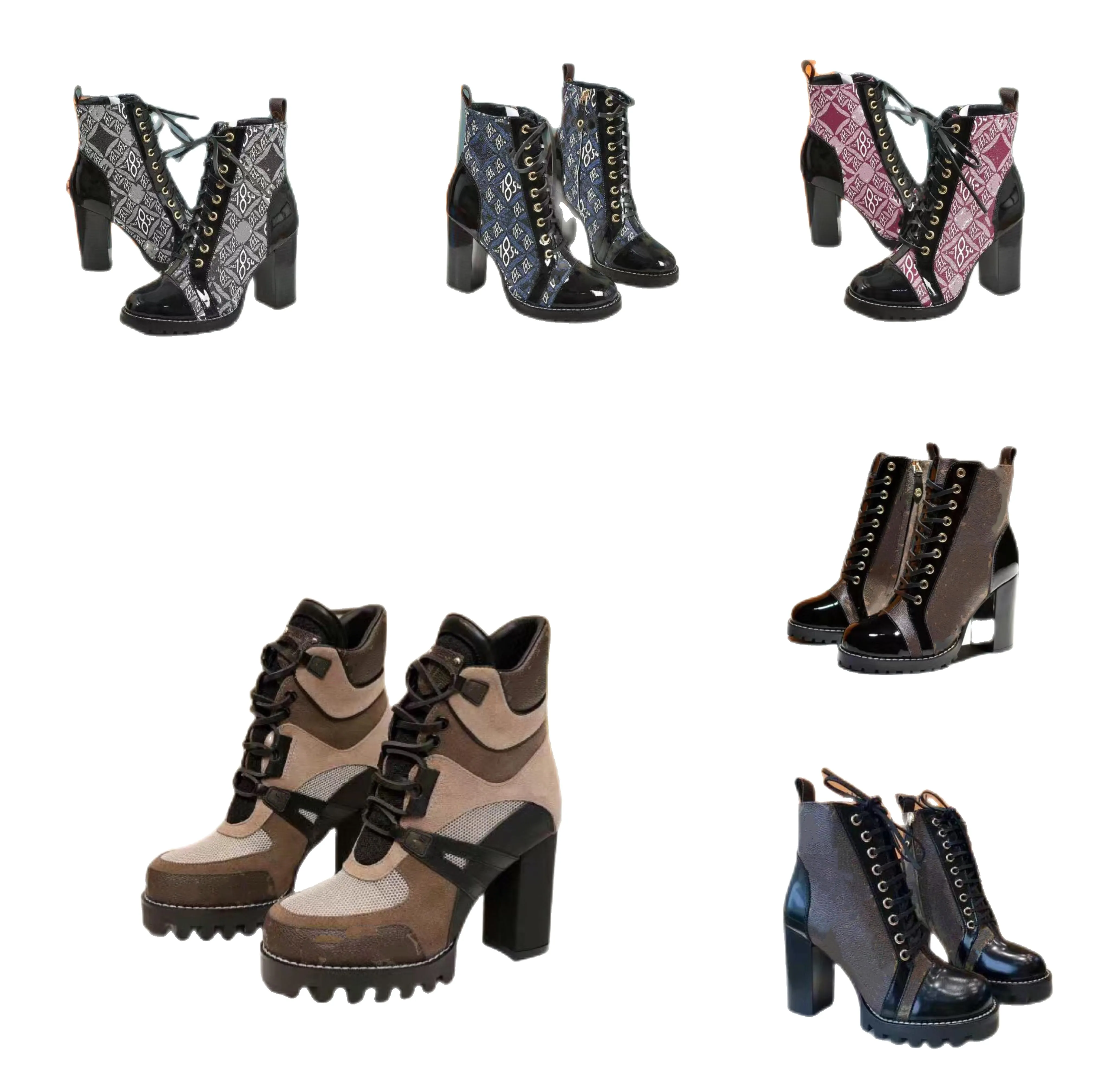 British Style Knight Boots Luxus Luxus mit mittlerem Heel Dicke mit Dicke mit Knöchelstiefeln Herbst und Winter komfortable All-Match-Mode Leder-Leinwand Schnürblock Rundkopf