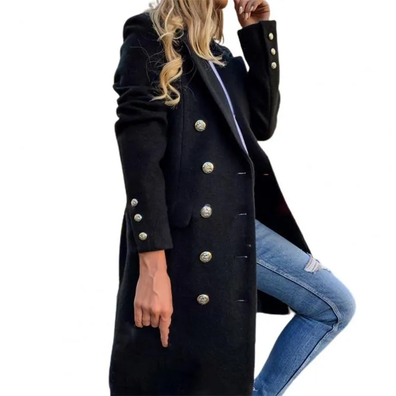 Women's Trench Coats Long Sleeve Wool Coat Pure Color Breathable TurnDown Collar Doublebreasted Women Overcoat Outerwear 220902