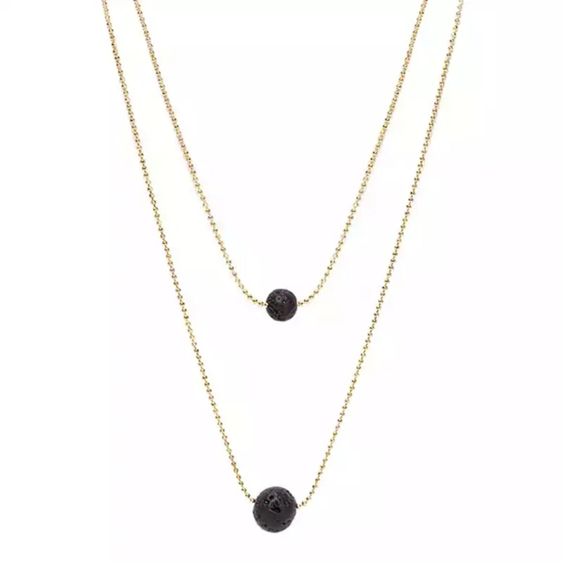 Women Natural Lava Volcanic Ball Necklace Round Stone Double Layer Oil Diffuser Choker Necklaces Love Wish Jewelry Wholesale Factory Price Gold Silver Color