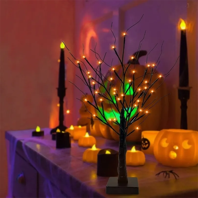 Other Event Party Supplies 60CM LED Halloween Birches Tree with Timer Orange Lights Battery Powered Tabletop Tree for Halloween Indoor Home Decoration 220901