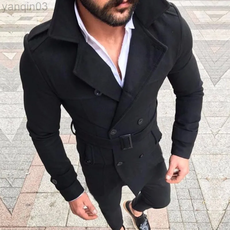 Abiti da uomo Blazer Moda Uomo Giacca di lana Autunno Inverno Risvolto Doppio bottone Giacca a vento Giacca di lana Cintura Resistenza al freddo Soprabito medio-lungo Uomo L220902