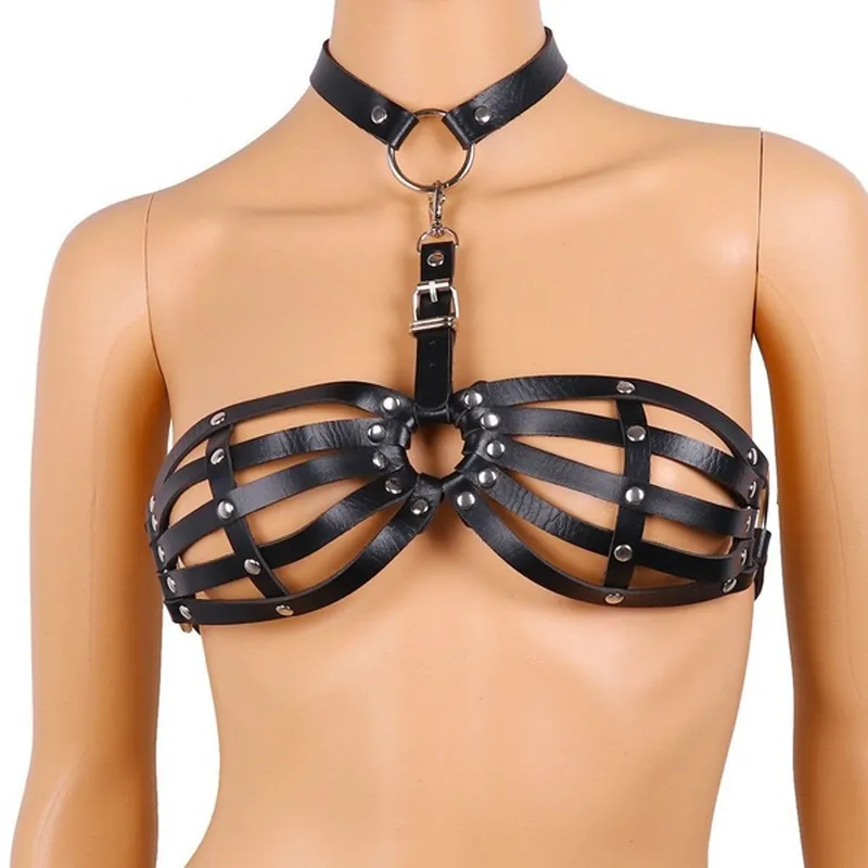 Bras Sexy Leather Lingerie Halter Neck Bondage Cage Women S Roube Erótico Hollow Out Adult Costume Plus Tamanho 220830228D