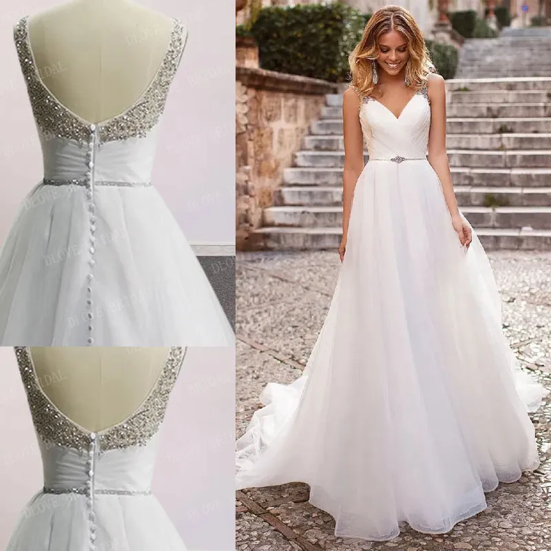 Vestido de noiva sem backless spaghetti 2022 Rhinestones Crystal Vestido de noiva Real Made personalizado