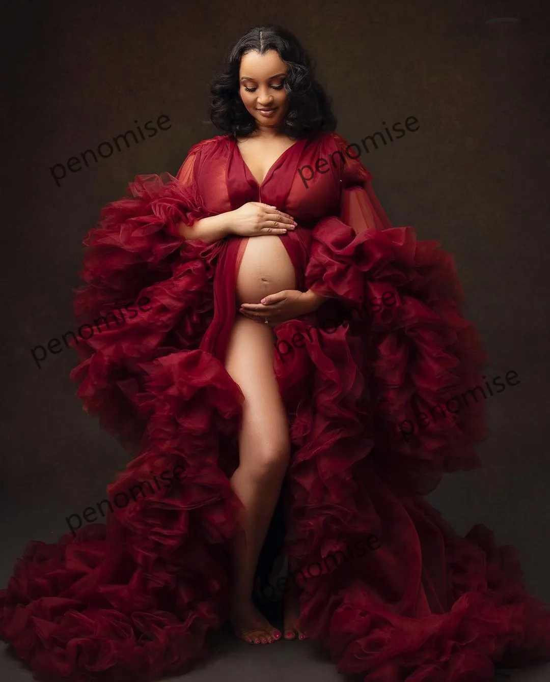 G1068 (2), Magenta Pink Slit Cut Ruffled Maternity Shoot Trail Gown Wi –  Style Icon www.dressrent.in