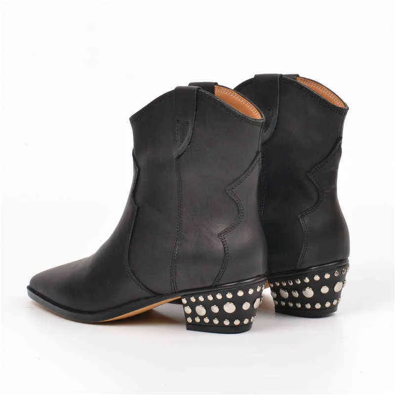 Botas Sexy Rivet tornozelo tornozelo genu￭no salto grossa de couro, mulheres cavaleiros, pun￧￣o de salto de salto de salto de salto do salto ocidental cowboy retro botas 220811