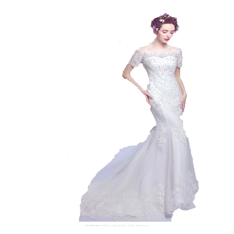 Elegant Long Wedding Dress Lace One Shoulder Fishtail Small Trailing Dress For Women