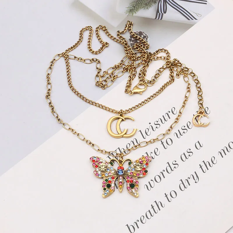 Designer Brand Letter Pendant Necklaces 18K Gold Plated Butterfly Geometry Crystal Pearl Rhinestone Double Collar Chain Necklace Women Party Jewelry Accessories