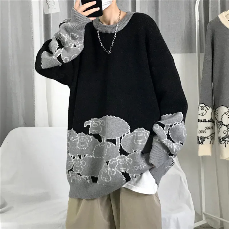 Erkekler Sweaters Japon Retro Karikatür Büyük Boy Kazak Moda Marka Gevşek Çift Çift Kazanmalar Küçük Koyun Deseni Kadınlar 220902