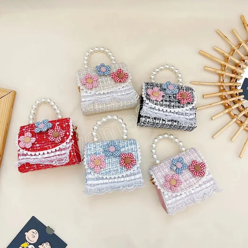 여자 진주 손잡이 작은 사각형 숄더 가방 어린이 꽃 액세서리 크로스 바디 가방 고급 어린이 기생충 동전 지갑
