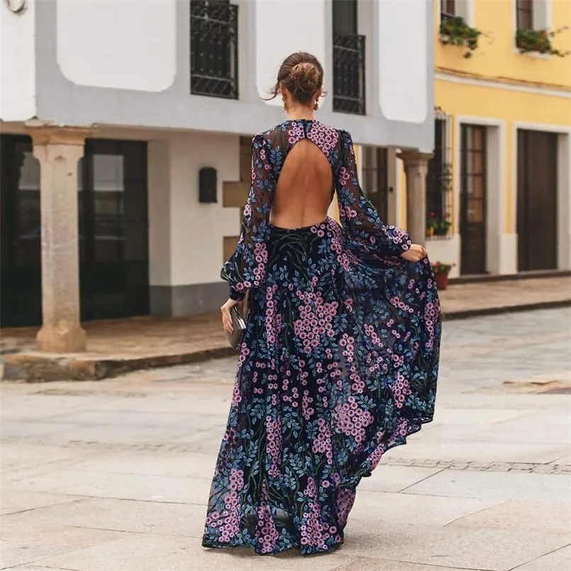 Work Dresses Women Summer Long Sleeve Backless Embroidery Floral Print Hollow Out Mesh See Through Flowers Maxi 220902