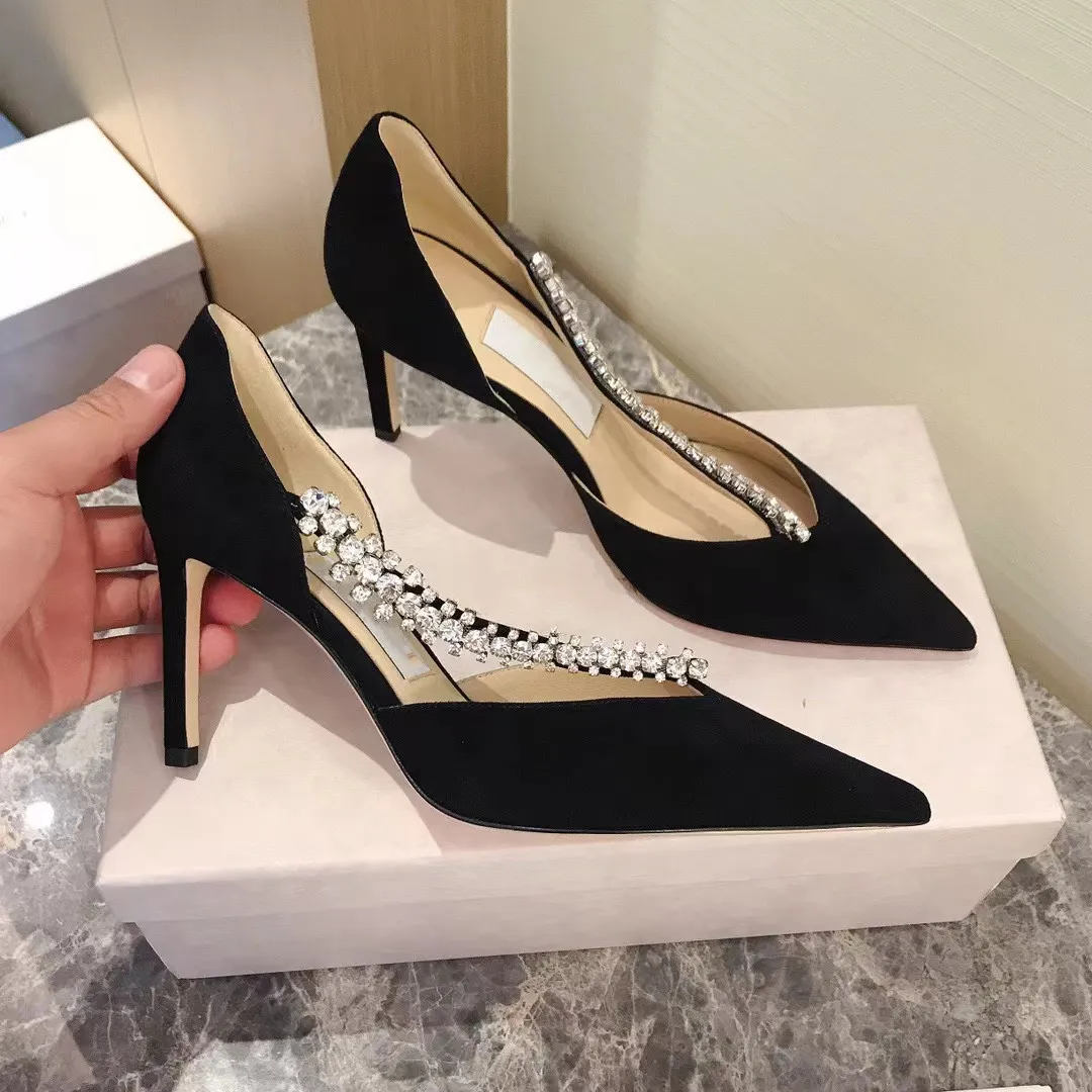 ladies stiletto genuine leather dress shoes classical brand woman pointed toe femal hollow out crystal chain design sexy party shoes size 35-40