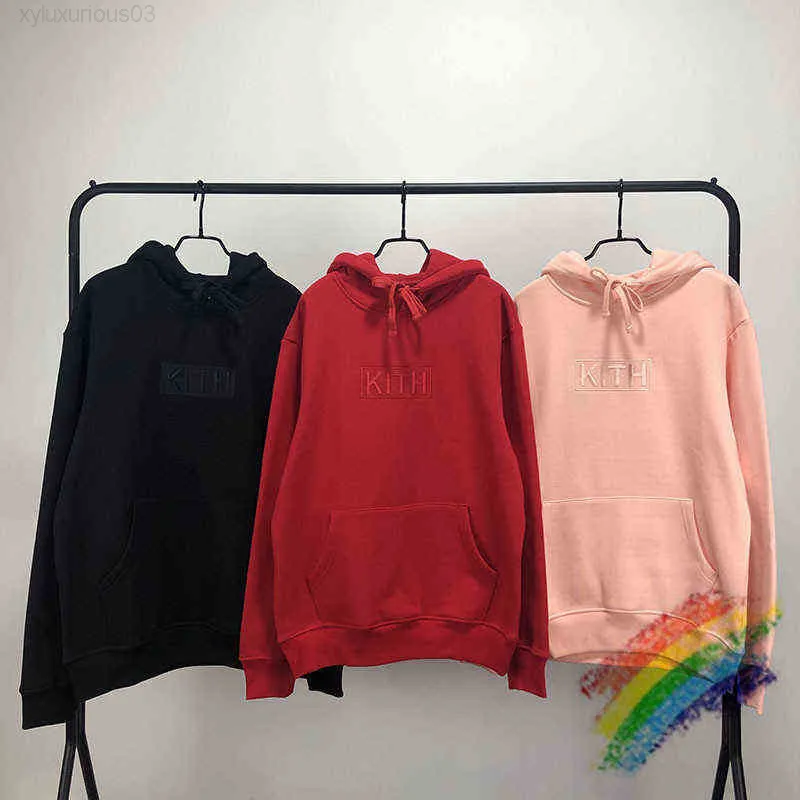 Hoodie tjock broderi kith box män kvinnor hög kvalitet svart röd rosa tröjor tröja t220721