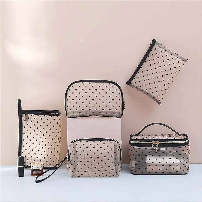 Love Heart Clear Makeup Bags Mesh Cosmetic Bag Borse da viaggio portatili con cerniera per accessori per l'home office Borse per cosmetici