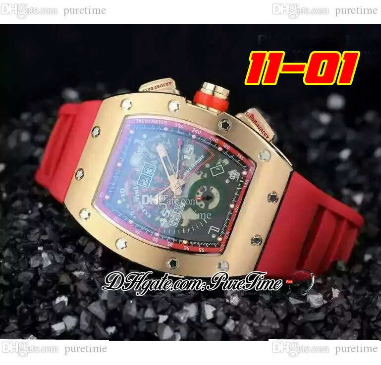 2022 11-01 A21J Automatic Mens Watch Rose Gold Black Skeleton Dial Big Date Red Rubber Strap 6 Styles Watches Puretime D4