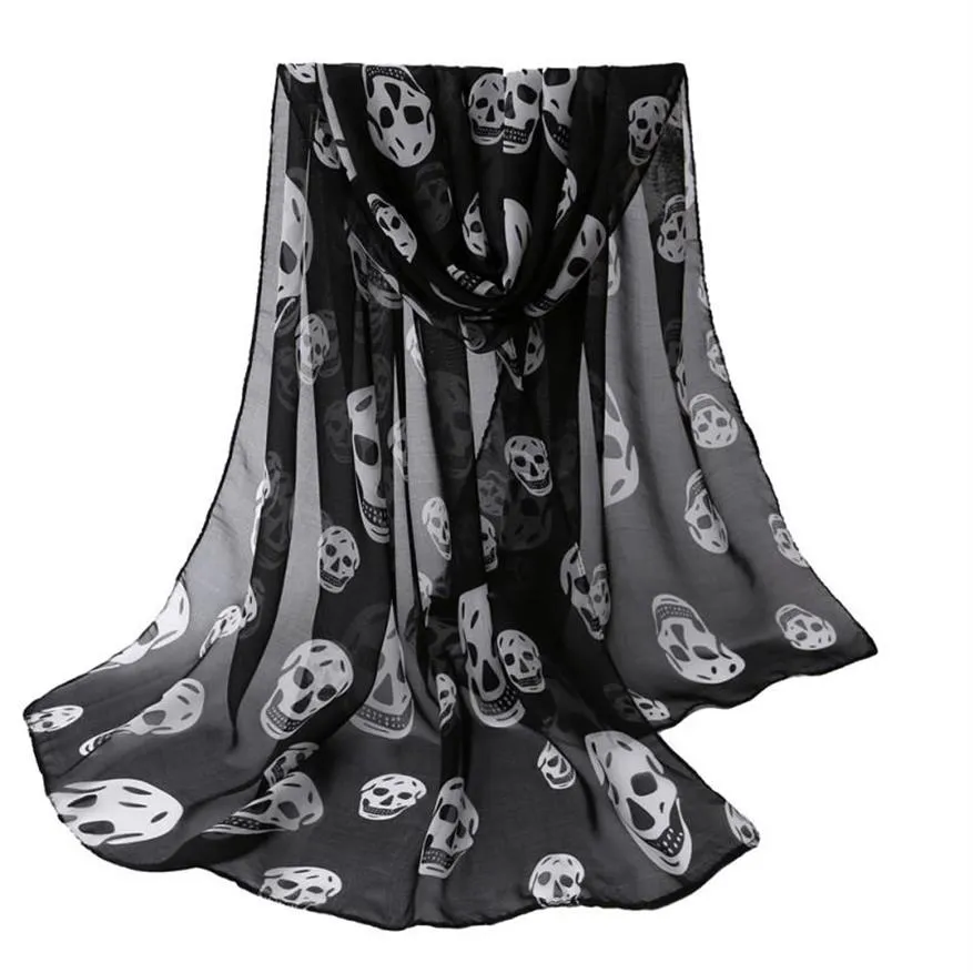 جماجم Womens Clost-Autumn Flugy Printed Black Long Long Soft Shawl Girls Neck Darf2652