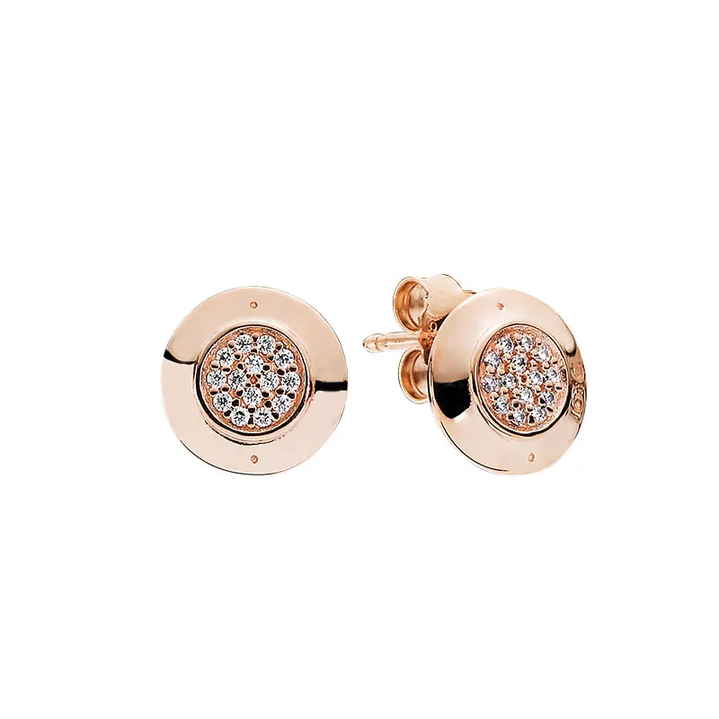 Classic design Rose Gold Disk Stud Earring Women Mens Fashion Party Jewelry For pandora 925 Silver CZ diamond Earrings with Original Box