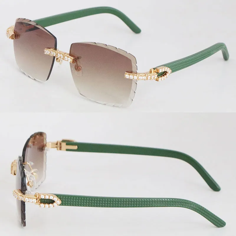 Design Golden Diamond Sunglasses Sol Green Plank Rimless 8200757 Vintage Womans Wood Glasses Famous Diamond Cut Lens Luxury Big Stones Homens e mulheres Óculos quadrados