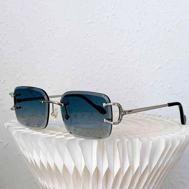 Sıcak Kek Rhinestones Güneş Gözlüğü Erkekler için Kadınlar Rimless Tasarımcı Lüks Güneş Cam Tel C Elmas Out Gözlük