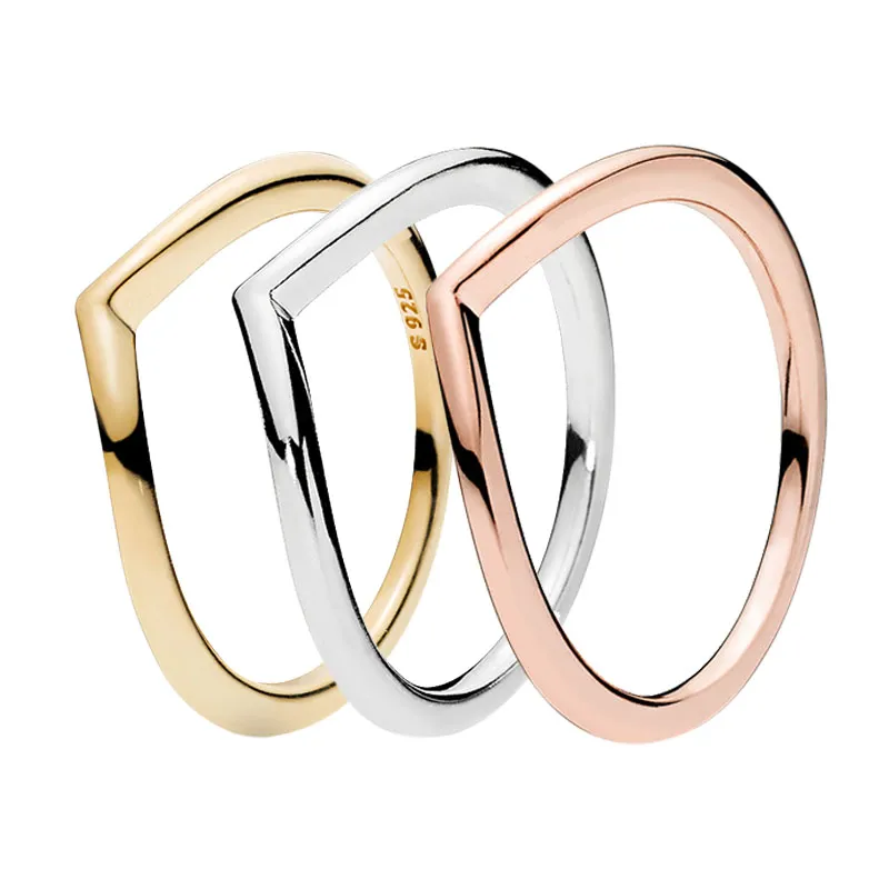 Authentieke Sterling Silver Polished Wishbone Rings Dames Wedding Designer Sieraden voor Pandora Rose Gold Engagement Gift Ring Set met originele doos