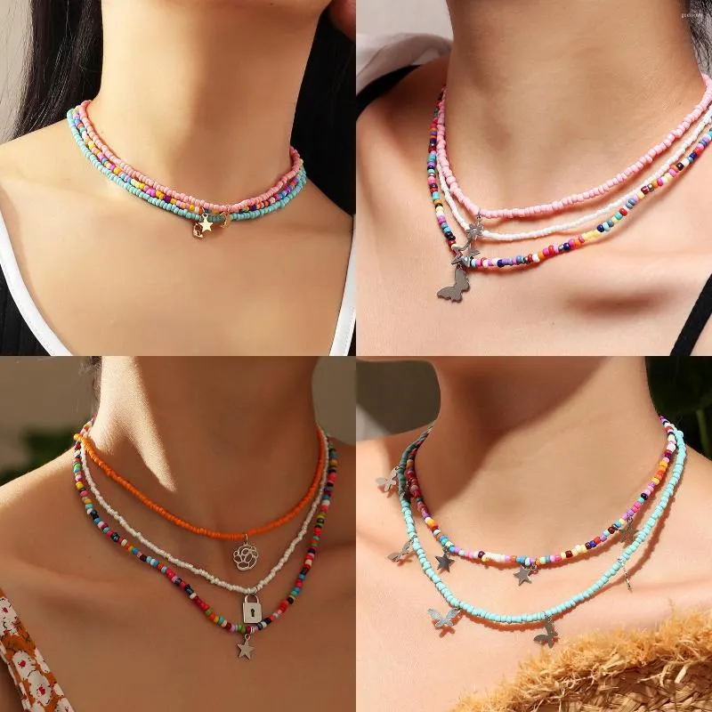 Tour de cou 321 bohème multicouche pendentif collier à la main perle de rocaille étoile lune papillon femmes Bijoux Bijoux cadeau 2022