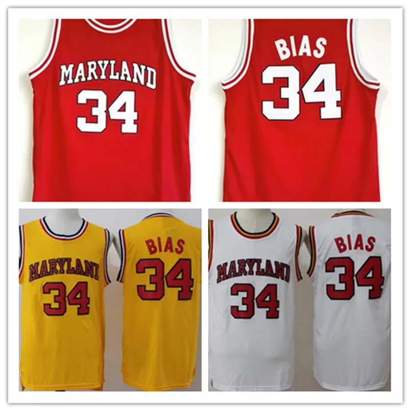 대학 34 Len Bias Jersey Men Basketball 1985 University Maryland Terps Jerseys 팀 Red Yellow White Away Stitched269V