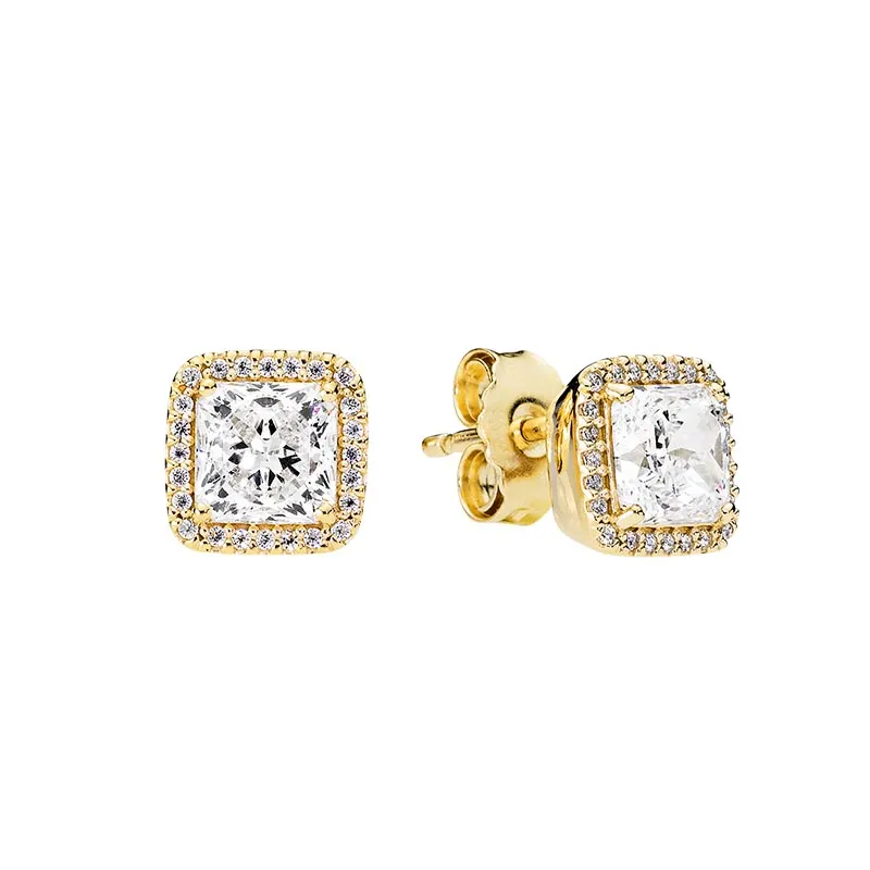 Gul guldpl￤terad Sparkle Halo Stud ￶rh￤ngen Mens Hip Hop Jewelry Real Sterling Silver Women Wedding Present For Pandora CZ Diamond Earring Set med original Box