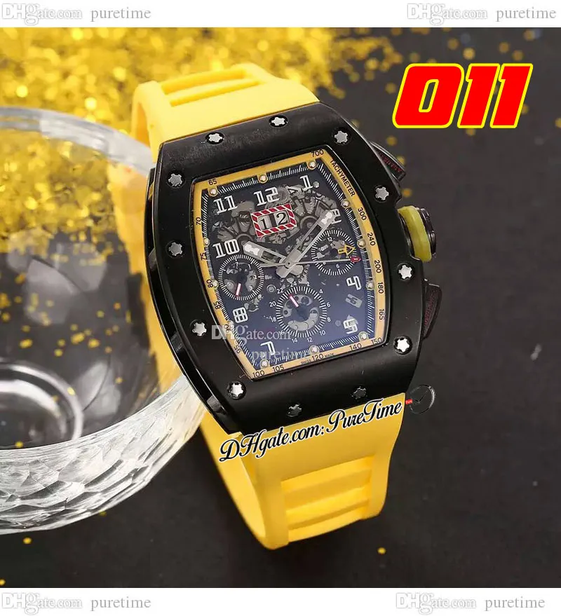 011 A21J Automatic Mens Watch PVD Steel Case All Black Skeleton Dial Big Date Yellow Rubber Riem 8 Styles horloges Puretime D4