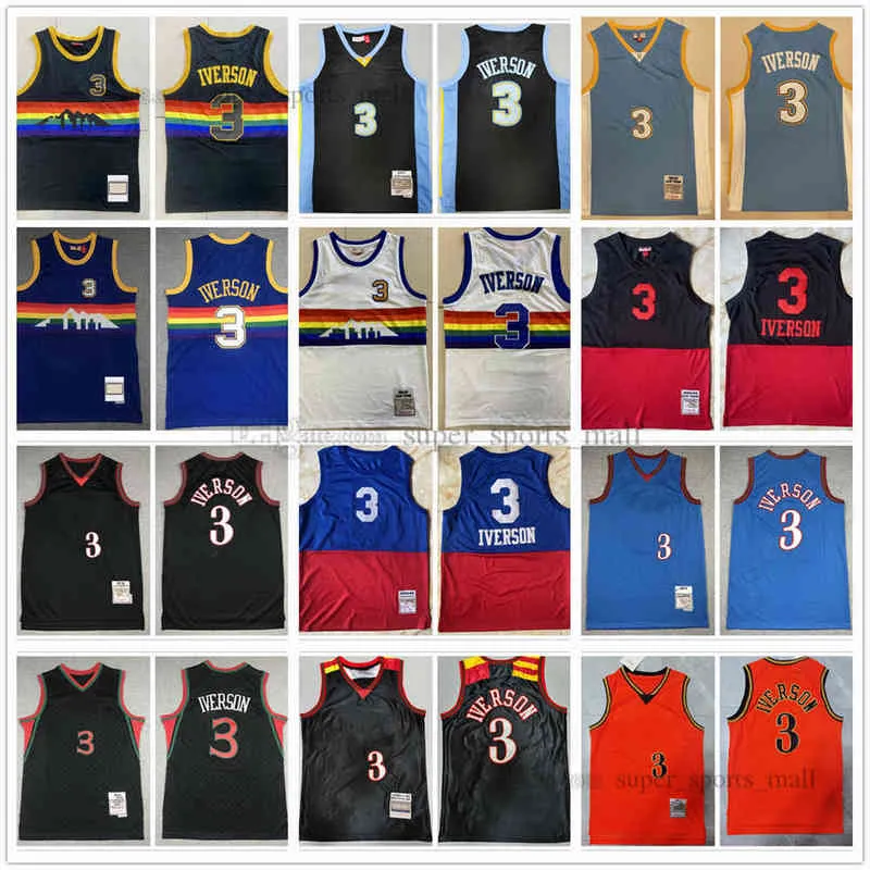 Jerseys de basket-ball cousus Allen 3 Iverson Black Blanc Blue Retro Jersey 1996-97-98 2003-04 Mens Taille XS-XXL