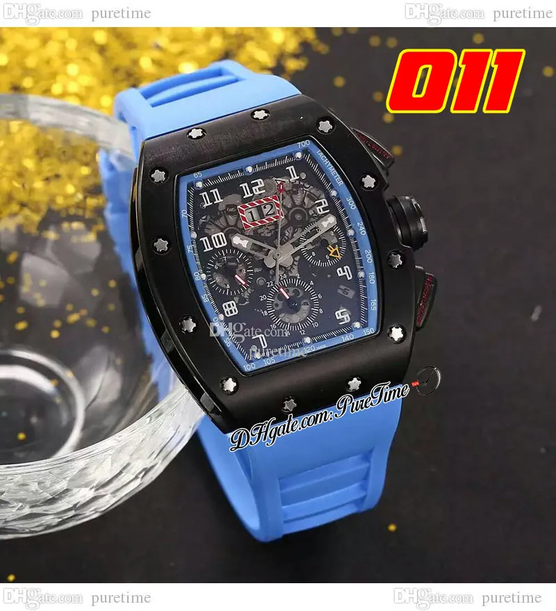 011 A21J Automatyczne męskie zegarek Pvd stalowa obudowa All Black Cheleton Dial Big Date Blue Guma Pasek 8 Style zegarki Pureteme E5