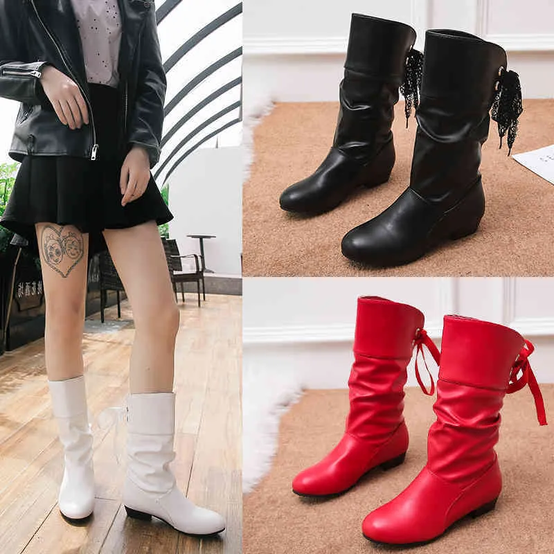 Bottes Plus Femmes Genou Haut Dos À Lacets Talons Bas Chaussures D'hiver Botte Noire Blanc Botas Mujer Femme Bateau De Neige Rouge 220903