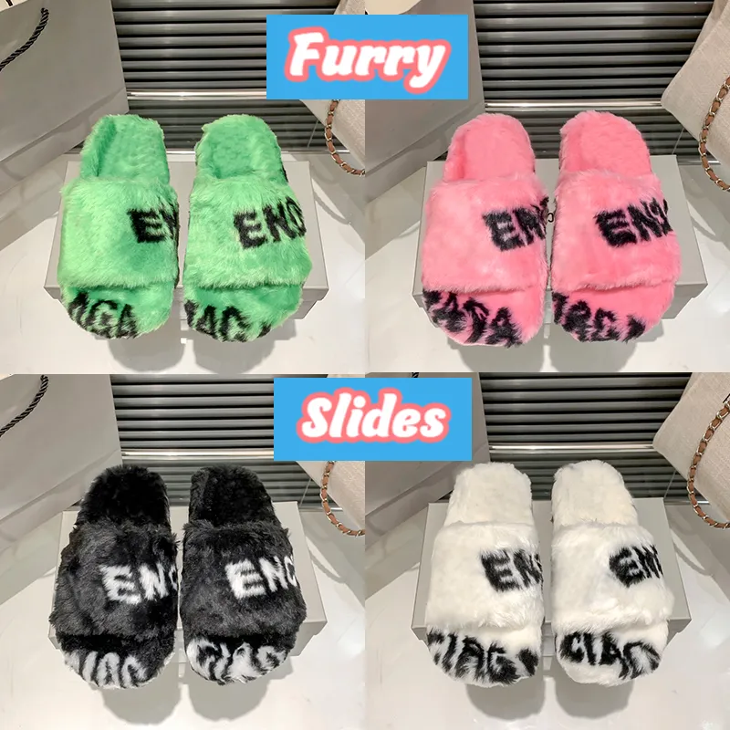 النعال الفاخرة Allover Logo Furry Slide Sandals with Box Men Women Shoes Beige Ebony White Pink Green Black Logo Top Flat Flat Mens Clipper Eur 35-45