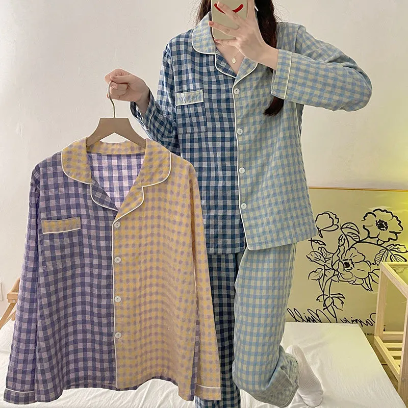 Damen-Nachtwäsche QUHENG Herbst-Winter-Pyjama für Damen, reine Baumwolle, langärmelig, Gitter-Cardigan, Freizeit-Hauskleidung, Nachtwäsche, Damen-Anzug 220902
