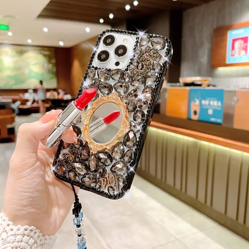 İPhone için lüks bling elmas kılıfları 15 14 Pro Max 13 12 11 X XR XS 8 7 Artı Moda Shinny Yumuşak TPU Rhinestone Ayna 3D Çiçek Kadın Kadınlar Telefon Arka Kapak Cilt Kayışı
