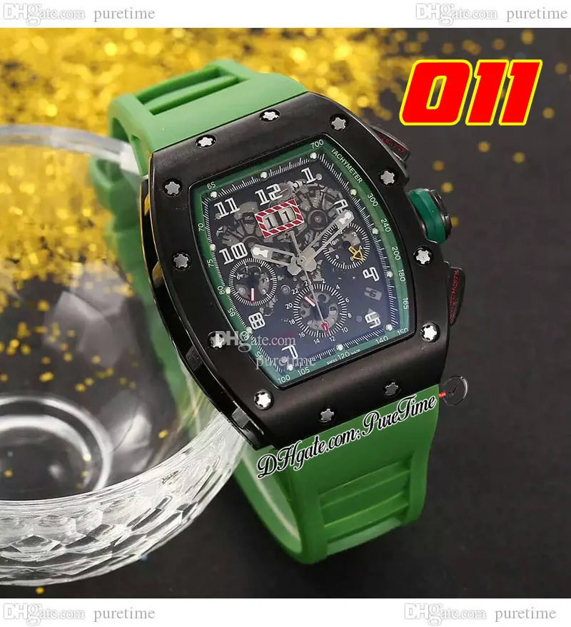 011 A21J Automatyczne męskie zegarek Pvd stalowa obudowa All Black Cheleton Dial Big Date Zielony gumowy pasek 8 Style zegarki Pureteme G7