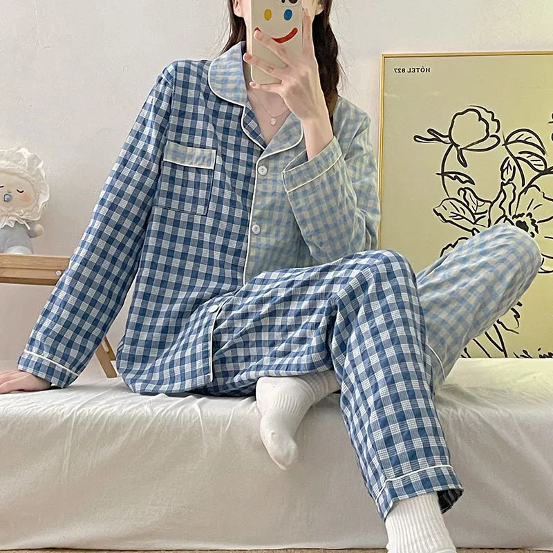 Womens Sleepwear QUHENG Autumn Winter Pajamas for Women Pure Cotton Long Sleeve Lattice Cardigan Leisure Home Clothing Sleepwear Women Suit 220902