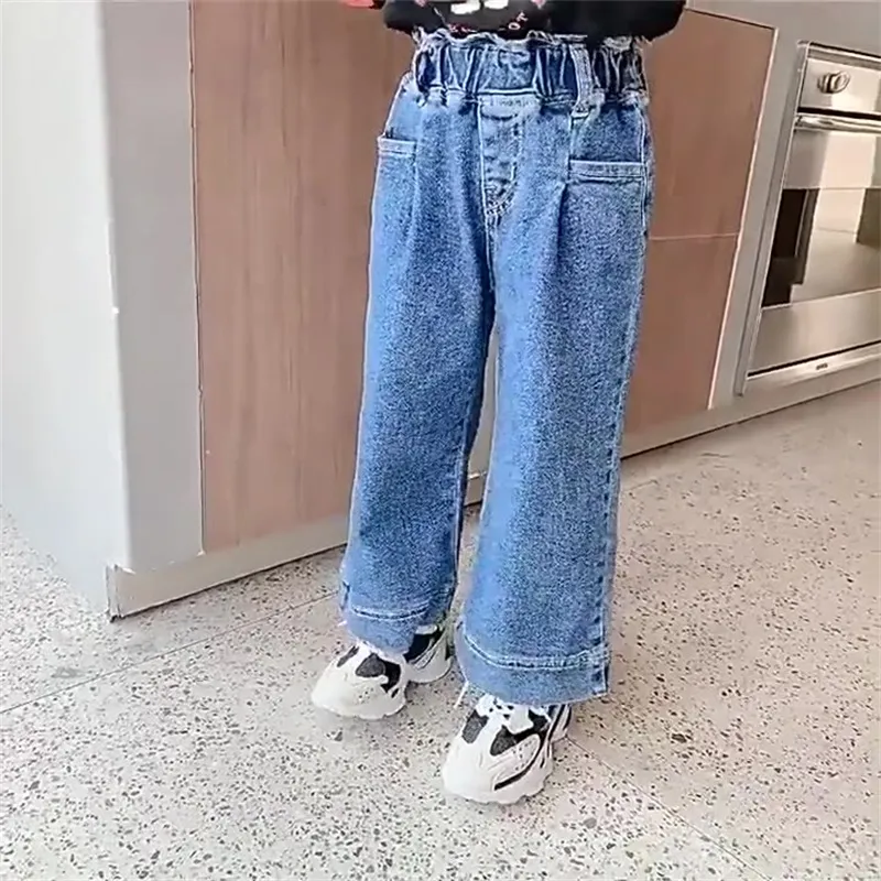 Spring Autumn Girls Jeans Baby Denim Pants Kids Trousers Children Bottoms Fashion Wide Leg Pockete Patch Bud Waist 1 To 7 Yrs 20220903 E3