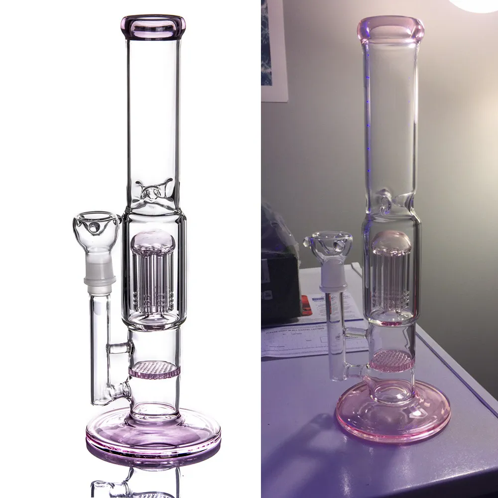 Różowe grube szklane fajki wodne ramię drzewo Perc Bongs fajka wodna Bubbler z recyklerem o strukturze plastra miodu olej do palenia Dab Rig ze złączem 18mm