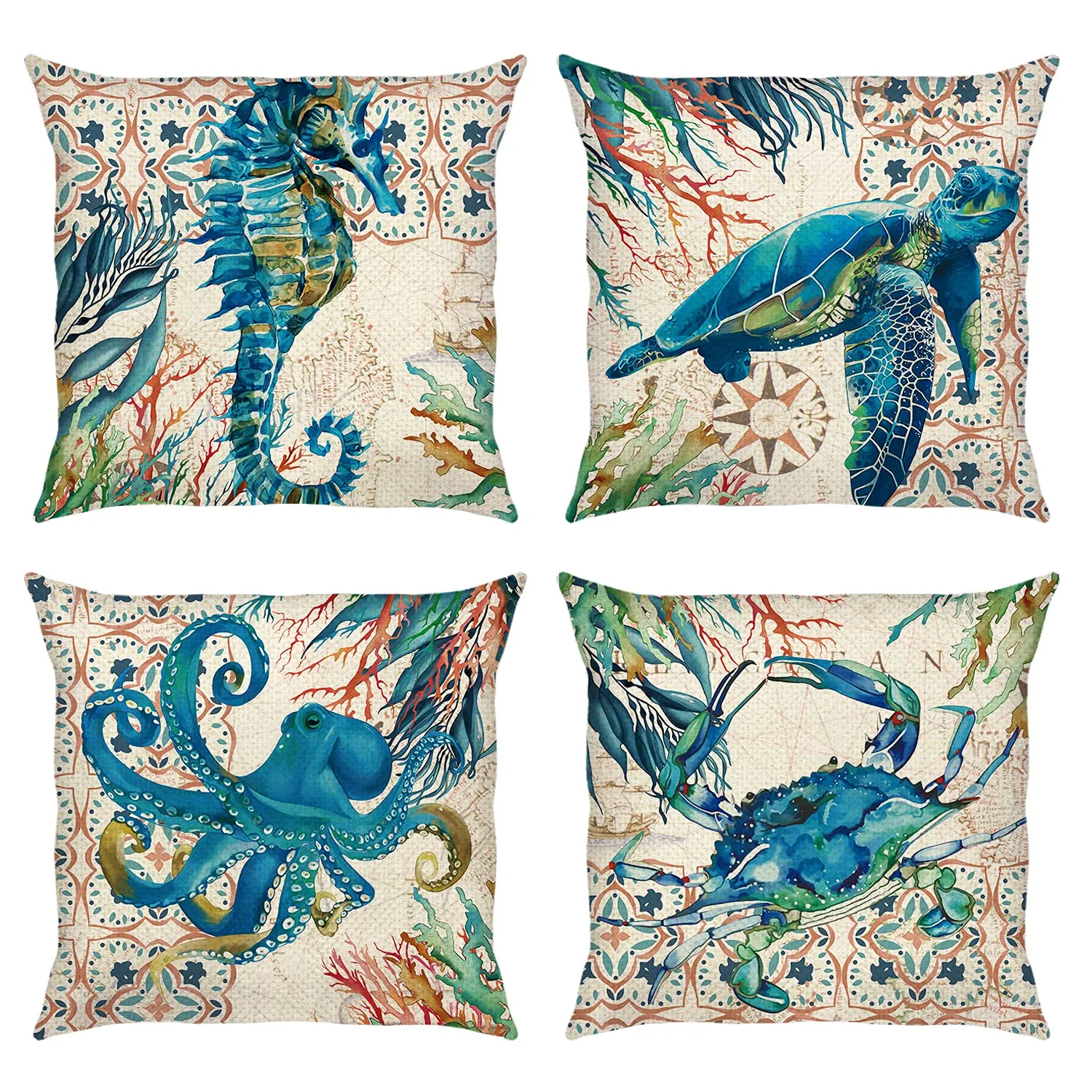 Taie d'oreiller Tortue de Mer Ers 18 X Pouce Ensemble de 4 taies décoratives de poulpe d'hippocampe d'océan côtier Coussin en Lin de Polyester pour Mjbag Ameyw