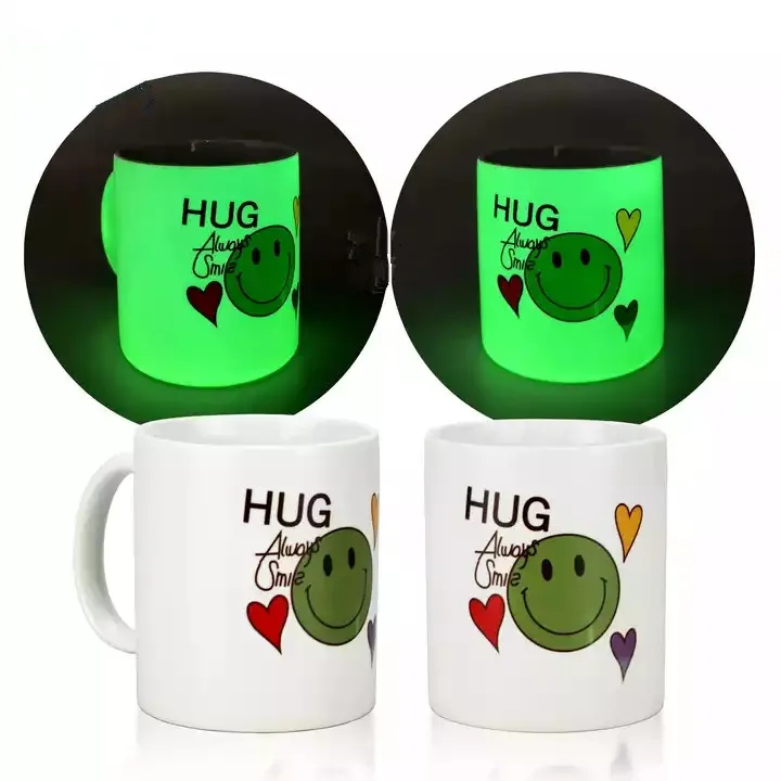 11 Unzen Kaffeetasse Becher Sublimation Rohlinge im Dunkeln leuchtende Keramikbecher mit Griff Porzellan grün leuchtende Trinkflasche DIY Geschenk Bild Logo