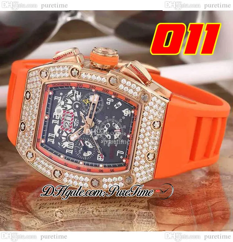 011 A21J Automatyczne męskie zegarek Rose Gold Diamonds Bezel Czarny szkielet pokrętło Big Data Orange Guma Pasek 5 Zegarki Puretime B2