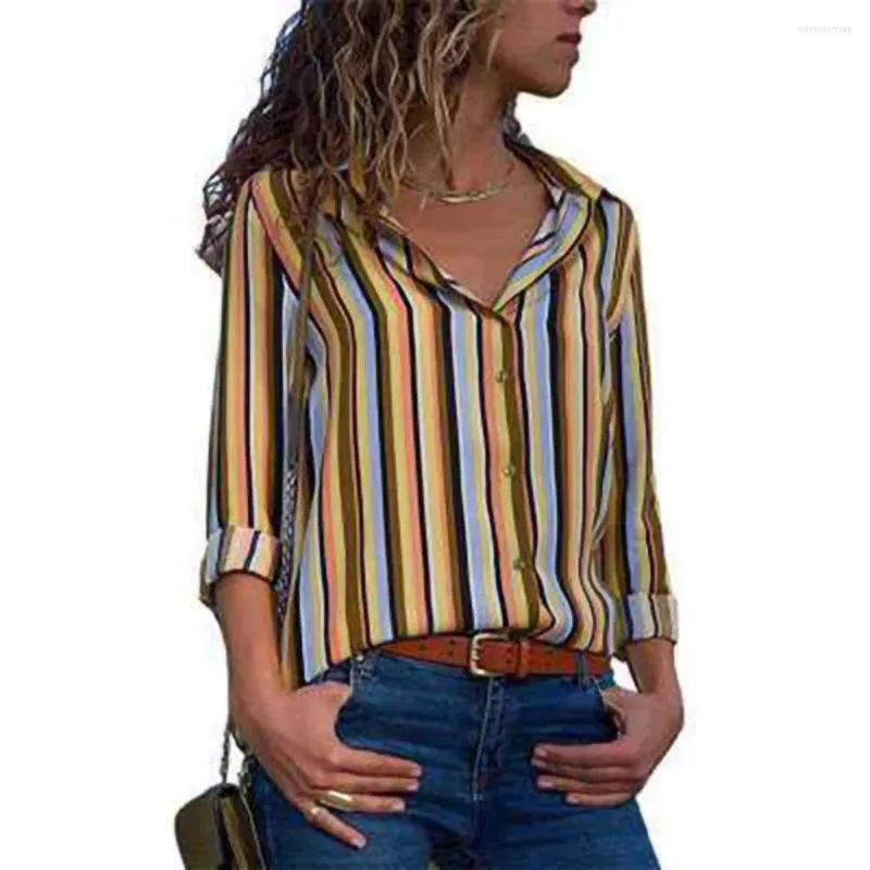 Women's Blouses V-neck Strip Print Single Breasted Women Shirt Lapel Long Sleeve Loose Fit Ladies Non Deform All-matched Work